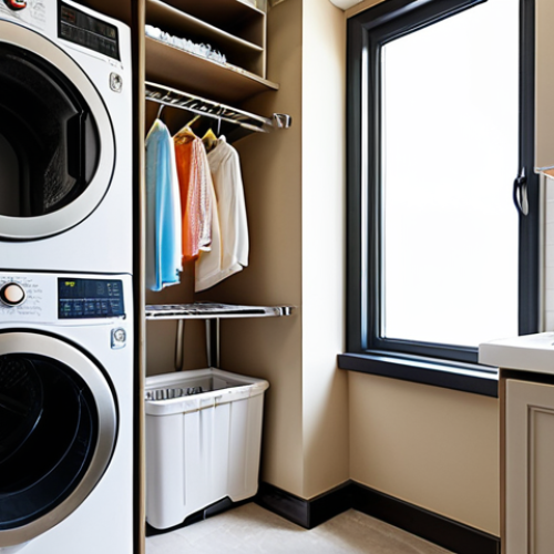 Home 15 **Prompt:** A well-ventilated laundry room with a modern dryer. The dryer has at least 10 centimeters of space around it. A level is on top of the dryer showing that it is perfectly leveled. Natural daylight, clean and organized setting, demonstrating proper dryer placement. Focus on good ventilation and stable positioning.